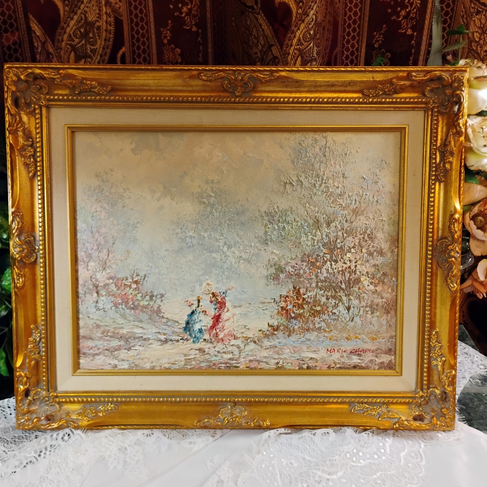 Original Oil Painting Victorian Ladies in Flowering Landscape, Ornate Gold Frame