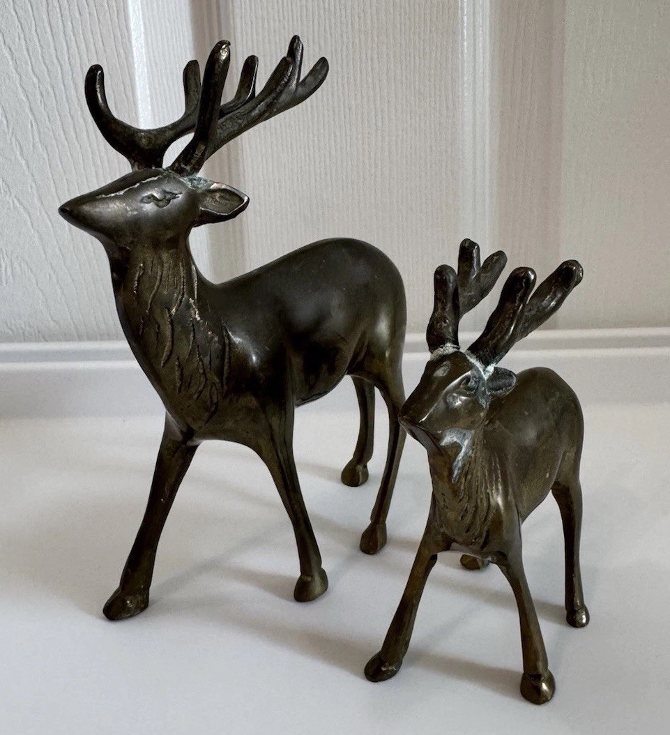 Vtg. Set 2 Metal Deer Antelope Figurine Sculptures Made in Korea, Brass Patina Vtg. Set 2 Metal Deer Antelope Figurine Sculptures Made in Korea, Brass Patina