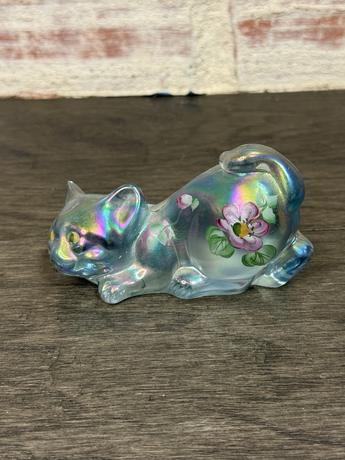Vintage Fenton Blue Carnival Pouncing Cat Ltd Ed Hand Painted Pam Copeland