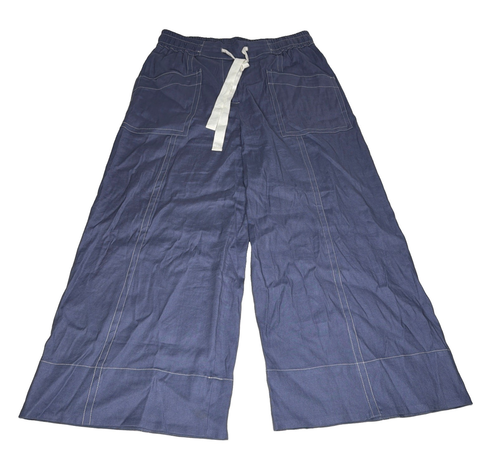 Maeve Anthropologie La Ponche Linen Blend Pull-On Wide-Leg Pants Size L Blue