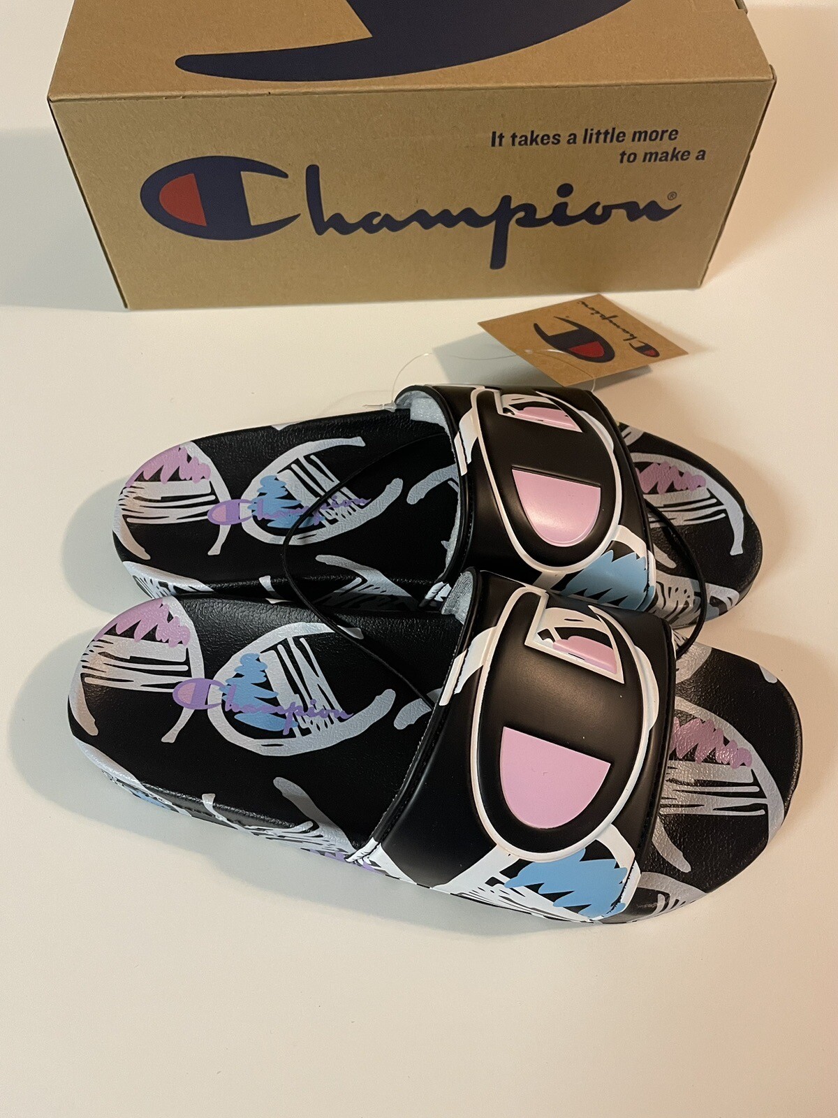 CHAMPION Youth IPO Comic Slide Sandals sz 6Y Black Pink Blue Yellow CHAMPION Youth IPO Comic Slide Sandals sz 6Y Black Pink Blue Yellow