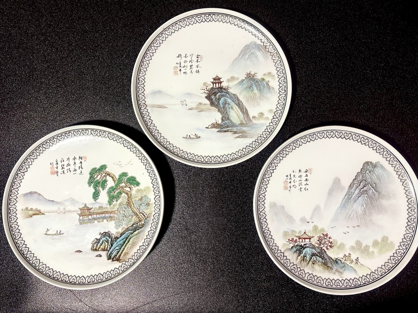 3 Vintage Chinese Famille Rose Porcelain Plates w/ Water & Mountain Scenes 3 Vintage Chinese Famille Rose Porcelain Plates w/ Water & Mountain Scenes