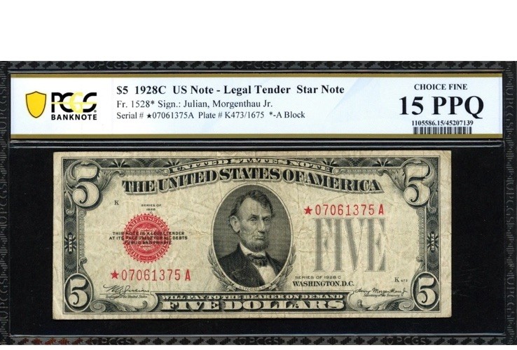 Series 1928C $5 Star Note PCGS Banknote Grading 15 PPQ (currency money) Series 1928C $5 Star Note PCGS Banknote Grading 15 PPQ (currency money)