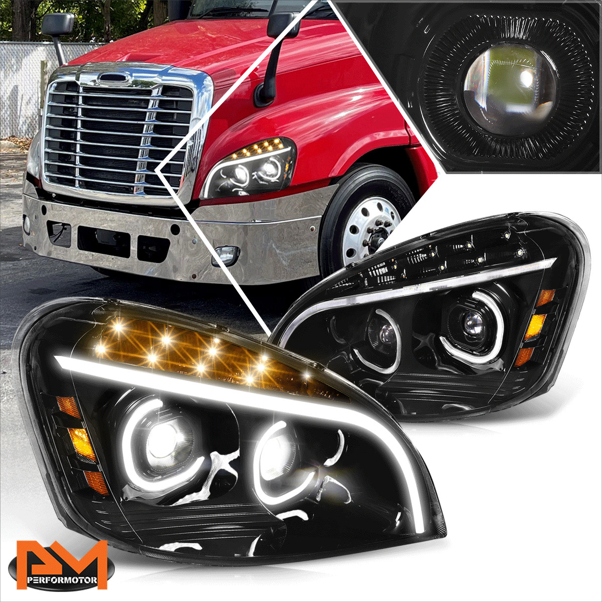 For 08-17 Freightliner Cascadia 3D LED Bar C-Shape Halo DRL Projector Headlights