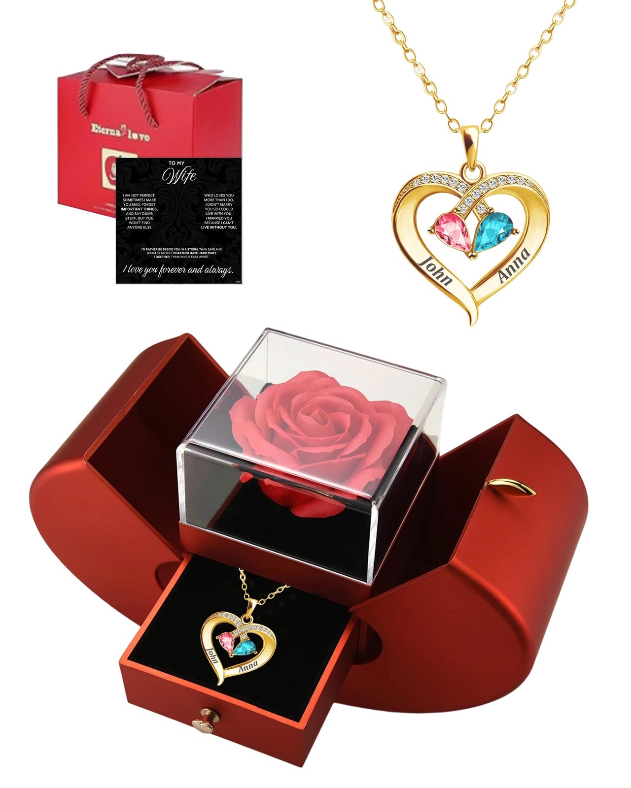 ziella Preserved Real Rose, Eternal Flower with I Love You Necklace, Birthstone 