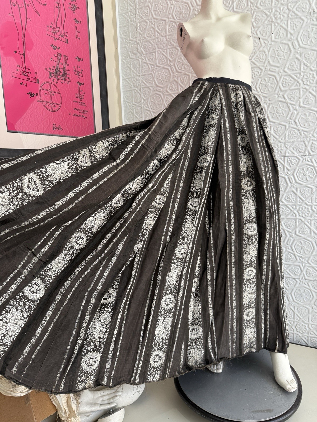 antique victorian full skirt early bustle back Brocade silk jaquard black floral