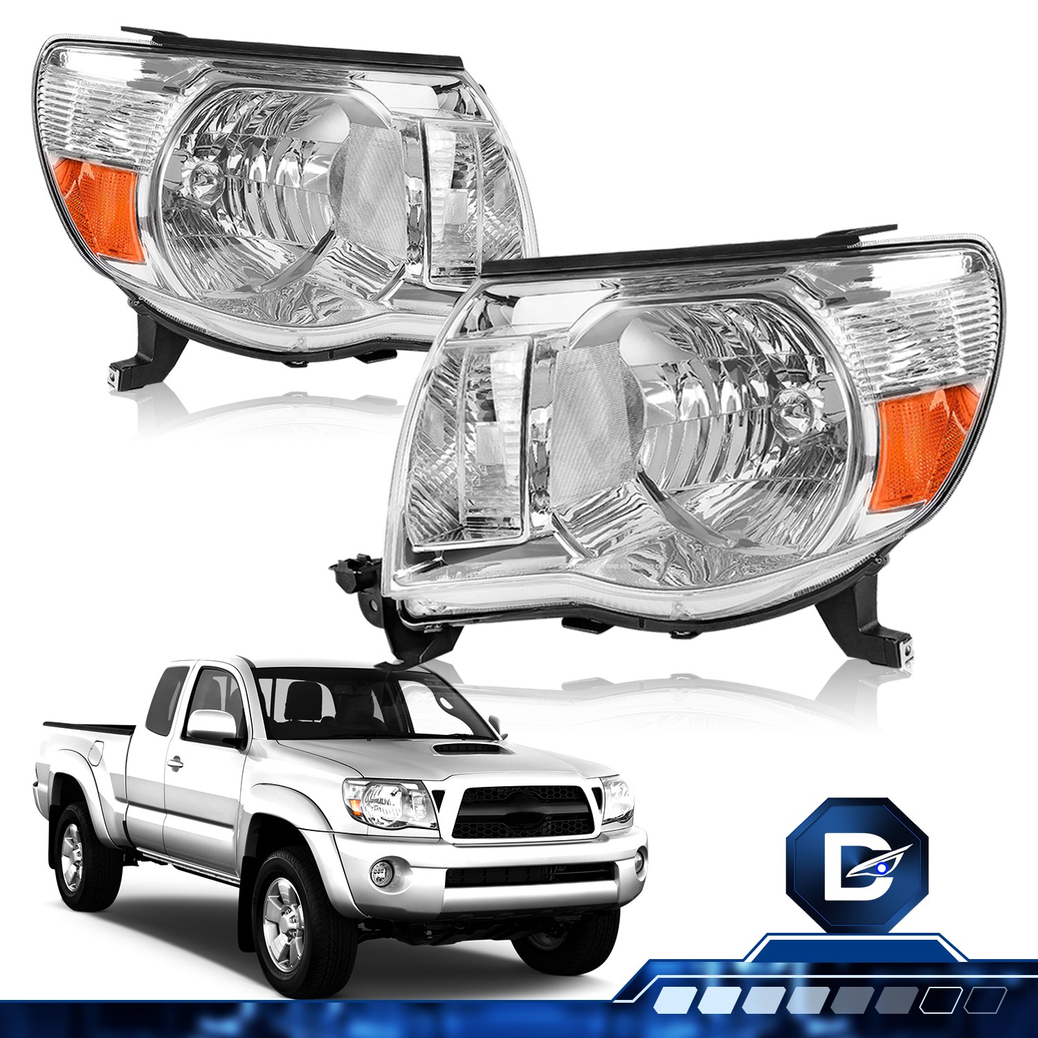 For 2005-2011 Toyota Tacoma Pickup Halogen Chrome Headlights Headlamps LH+RH