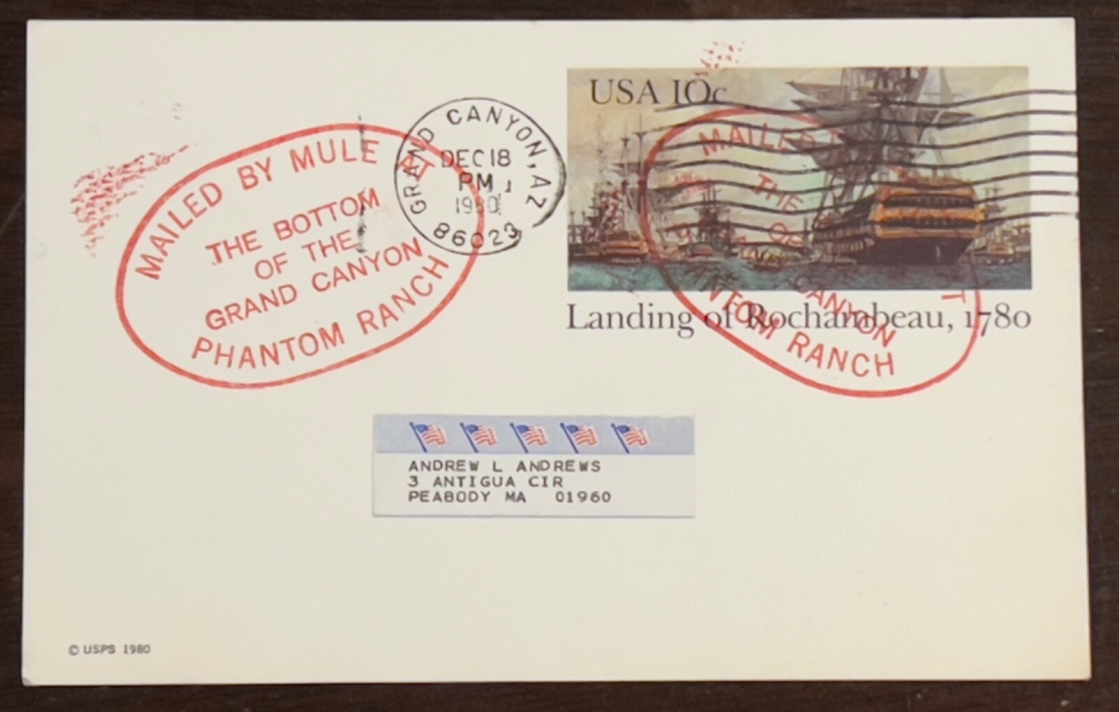 1980 PHANTOM RANCH POSTCARD MAILED BY MULE AT BOTTOM OF GRAND CANYON
