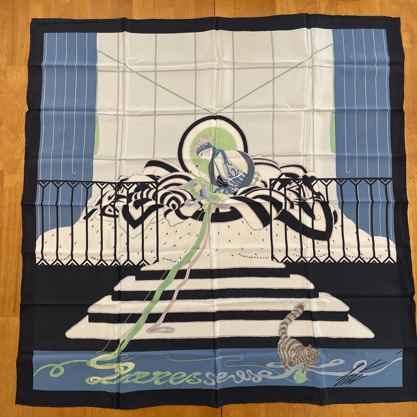 Father of Art Deco ERTE Vintage Silk Scarf Woman w/ Cat33”x33” 