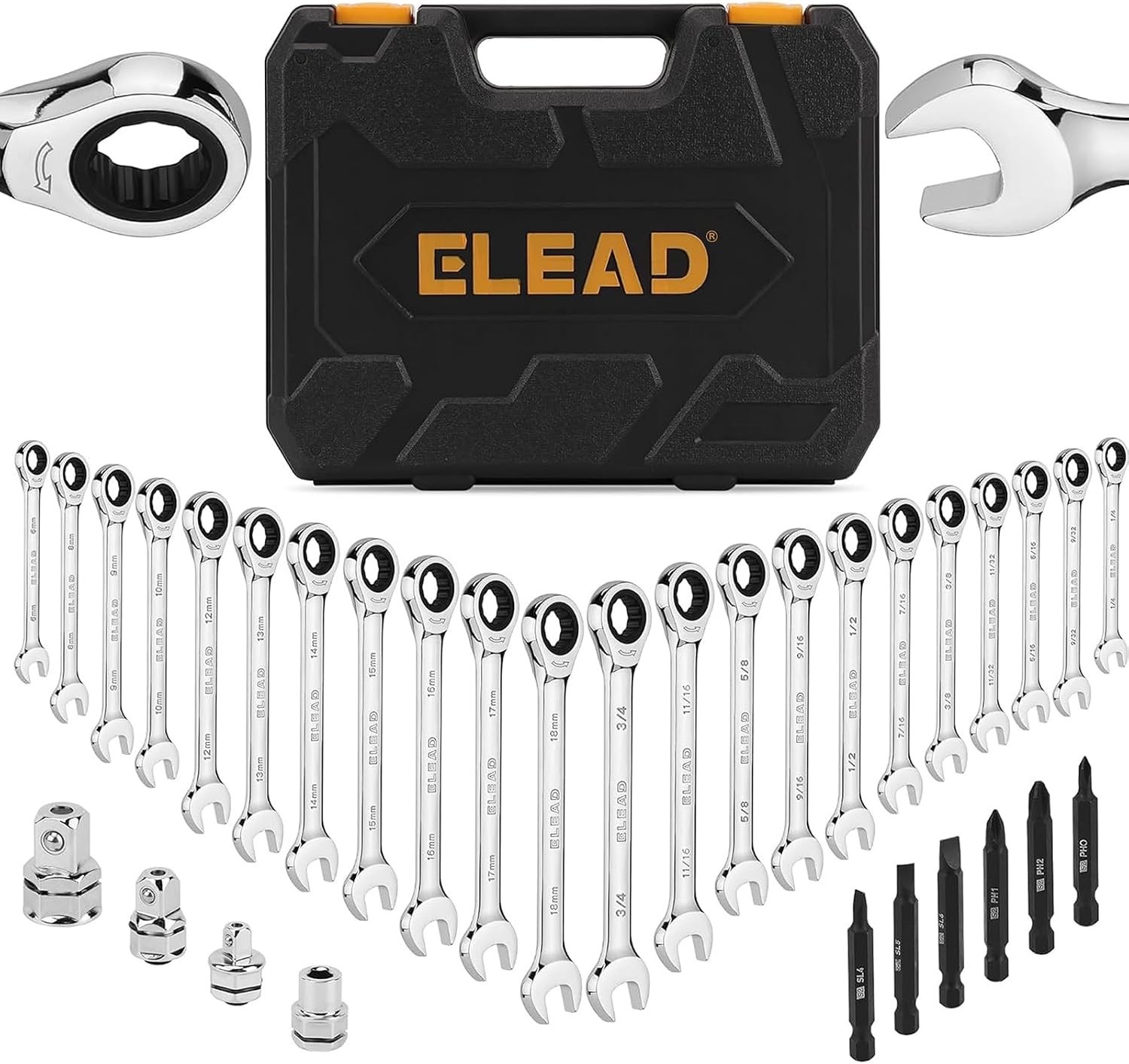 32PC Combination Ratchet Wrench Set SAE & Metric 72-Tooth Adapter Organizer Case 32PC Combination Ratchet Wrench Set SAE & Metric 72-Tooth Adapter Organizer Case