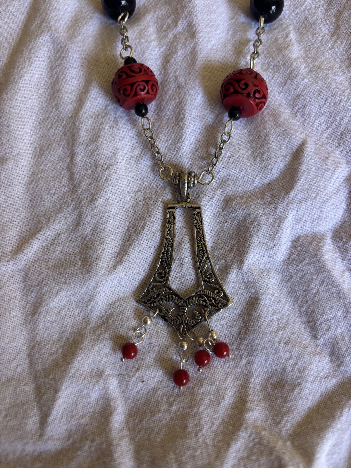 Beaded Red Cinnabar And Black Silver Necklace