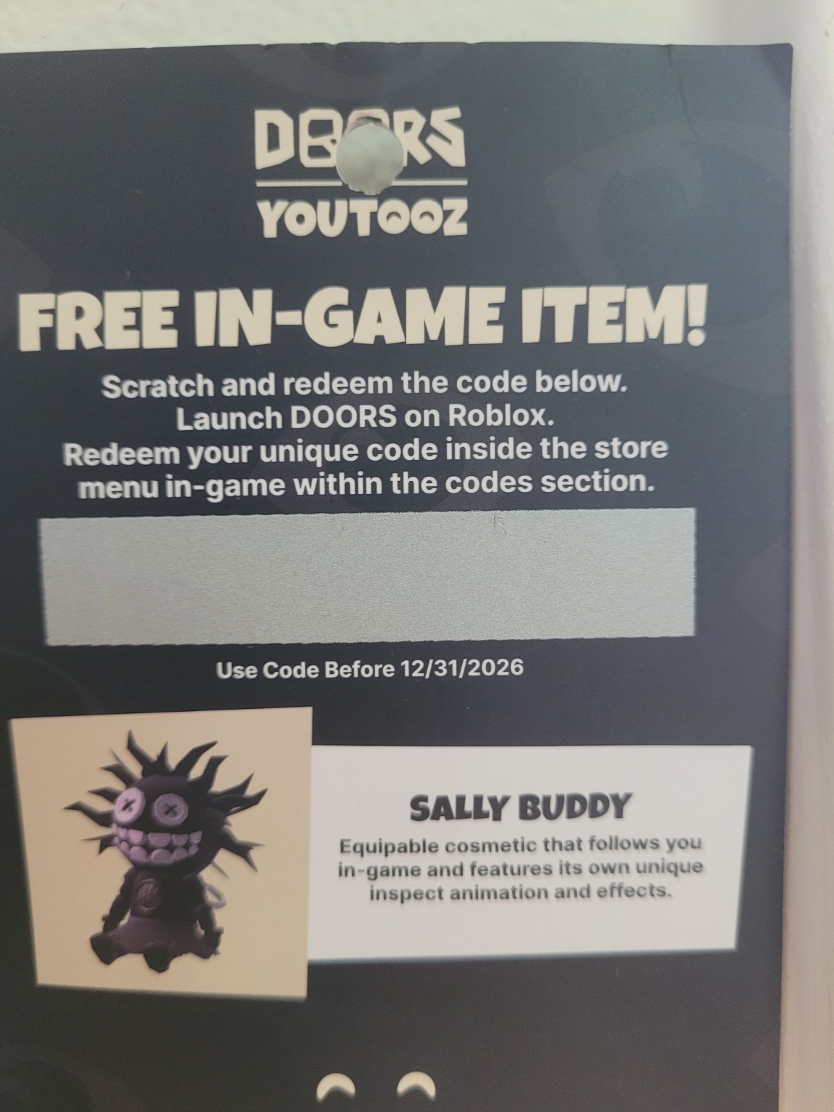 Youtooz DOORS Roblox Sally Buddy Free In-Game Item Redeem Code Card