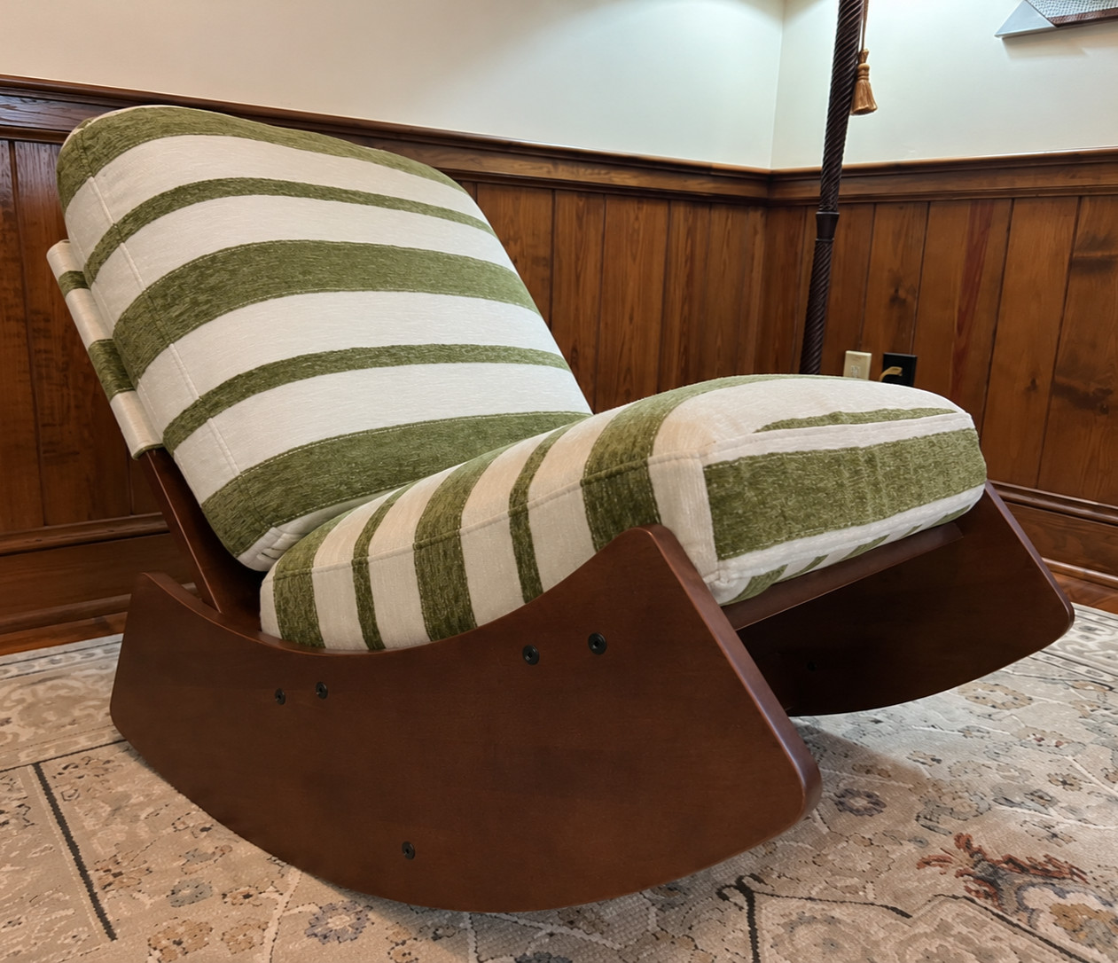 Mid-Century Modern Rocking Chair Green Stripe Upholstered Solid Wood Frame