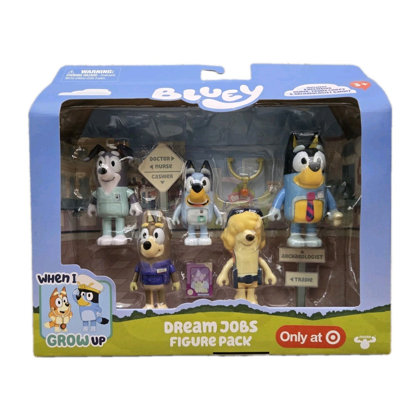 Bluey DREAM JOBS Figure 5 Pack  EXCLUSIVE Nurse/Tradie Chippy/Archaeologist