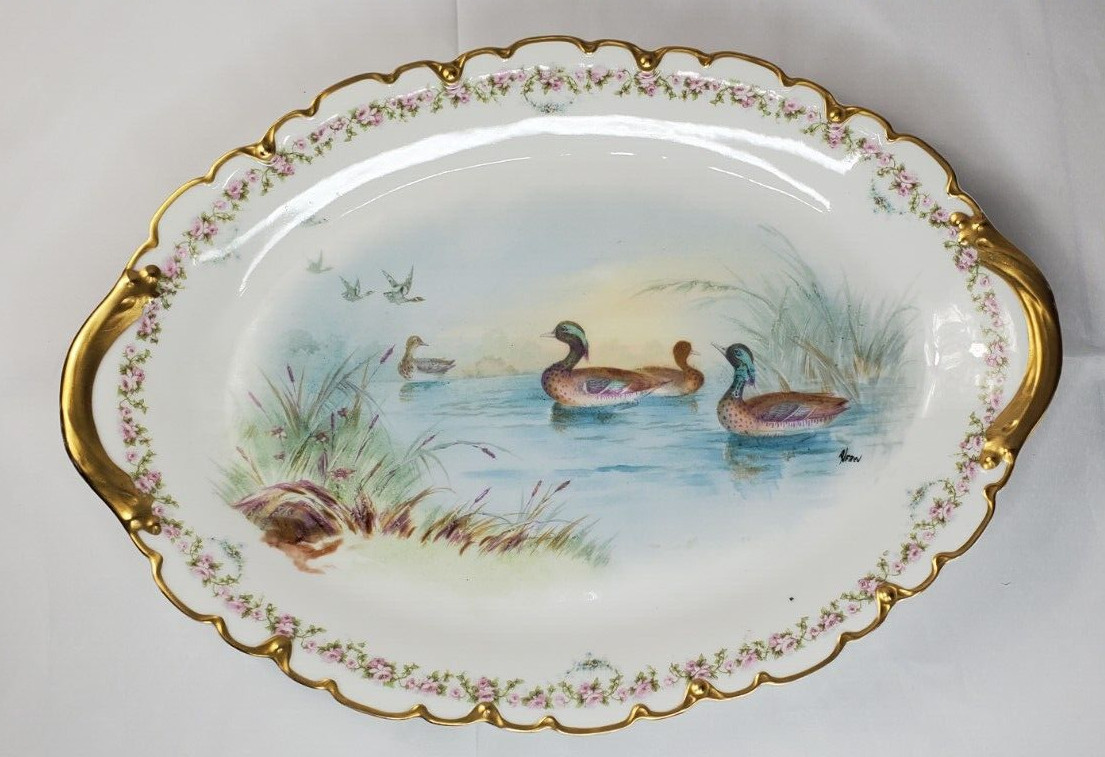 Antique Haviland Limoges Oval Platter Serving Dish Gold trim Duck Lake Antique Haviland Limoges Oval Platter Serving Dish Gold trim Duck Lake