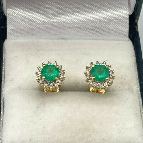 Certified 2.25Ct Natural Green Emerald & Diamond Studs Earrings Solid 14K Gold