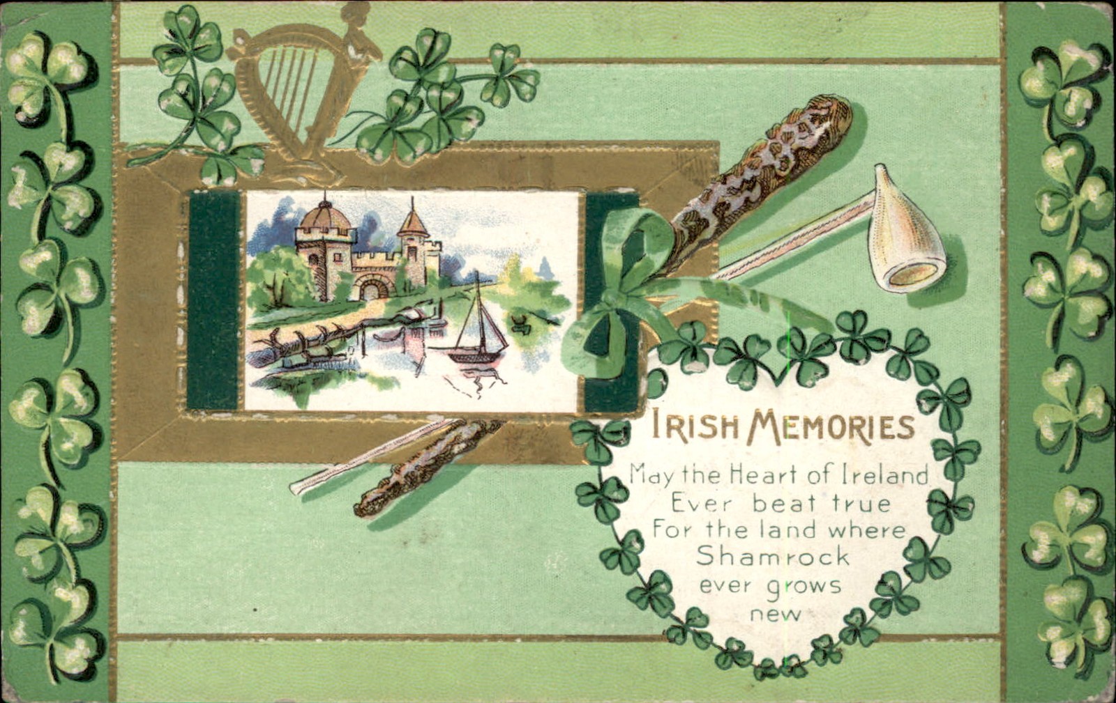 St. Patrick\'s Day Shamrock Heart Greeting c1900s-10s Vintage Postcard