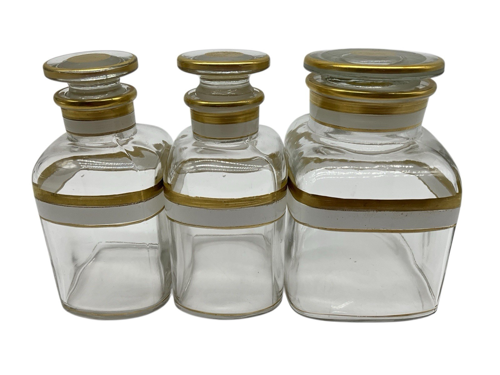 Antique 1920\'s Enamel and Gilt Glass Toiletry Bottles W/Original Stoppers (3)