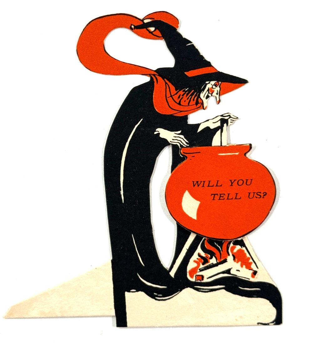 vtg RARE 1930s Halloween Fortune Telling Witch Placecard Diecut