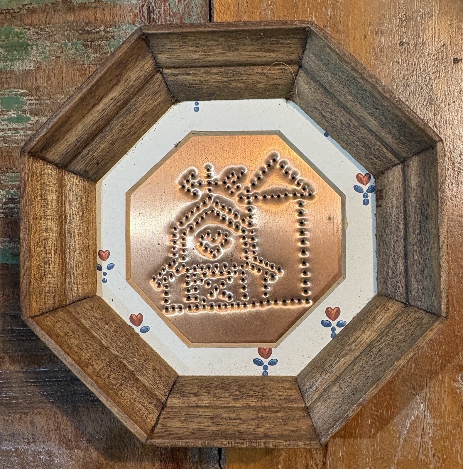 Vintage Punched Copper Art Framed Wall Hanging Farmhouse  w/ Heart Wood Frame