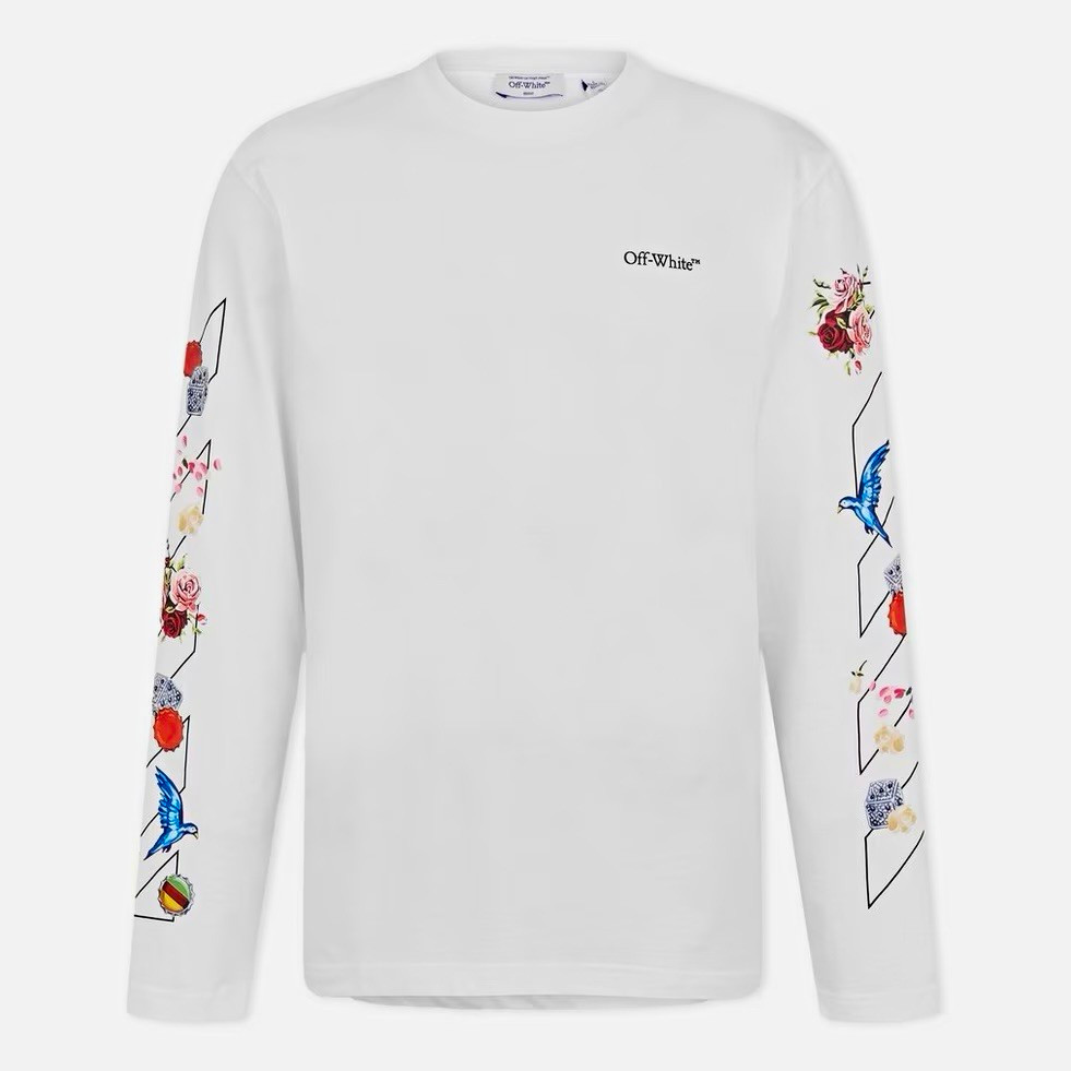 Off-White Men\'s White Long Sleeve Crew Neck Graphic Logo T-Shirt Pullover
