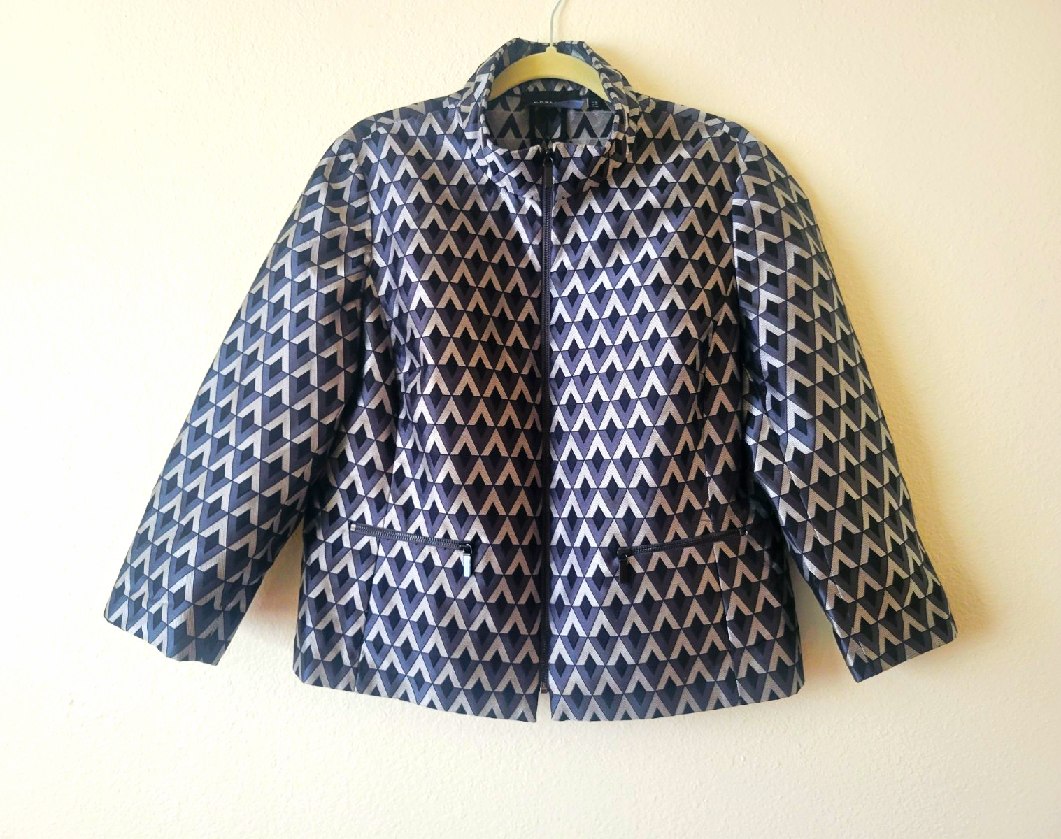 Carlisle Womens Black Gray Geometric Full Zip Jacket Long Sleeve Size 16
