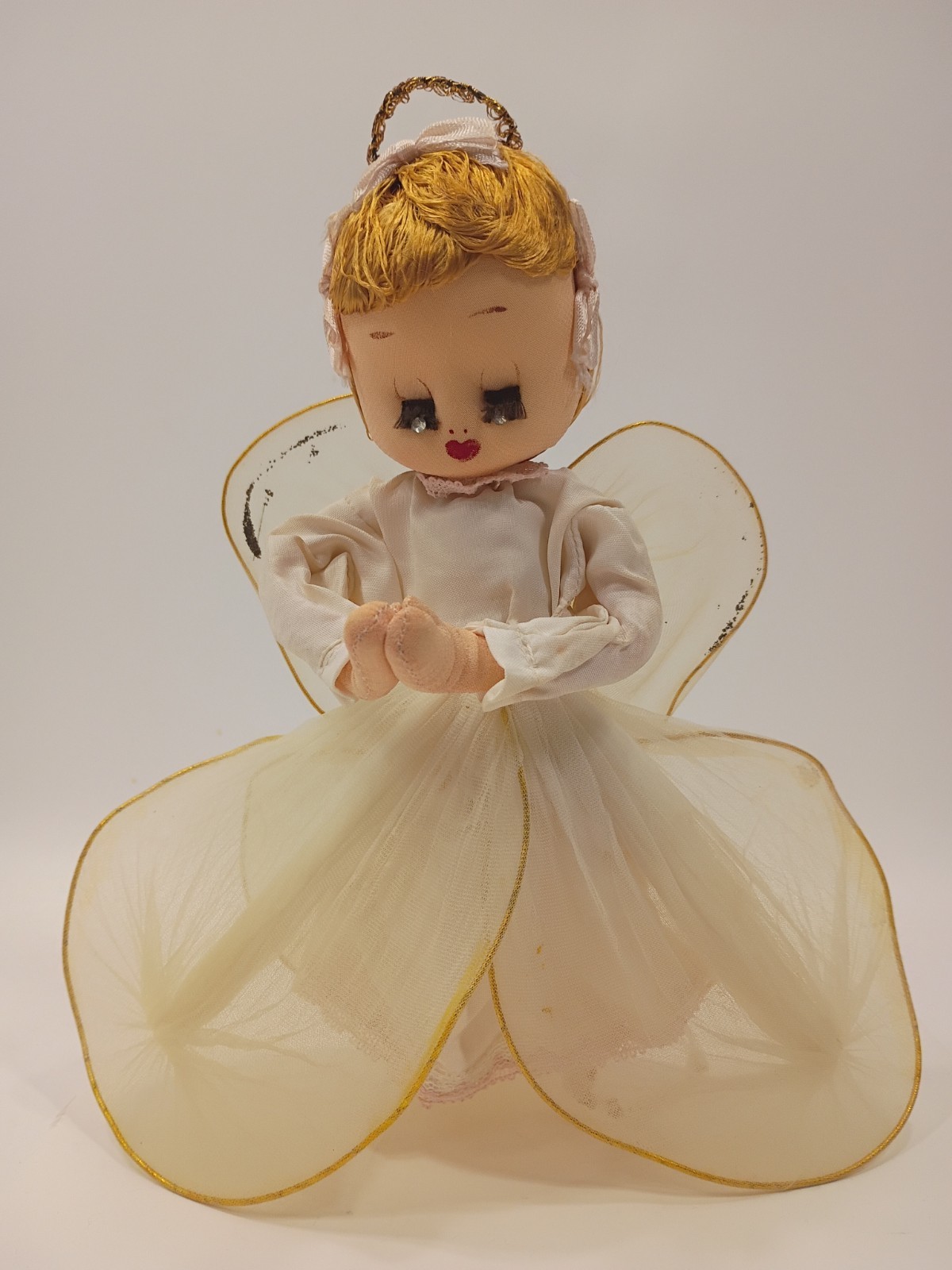 Tulle Angel Hand Painted Stockinette Face Hand Stitched Diamond Eyes Tree Topper