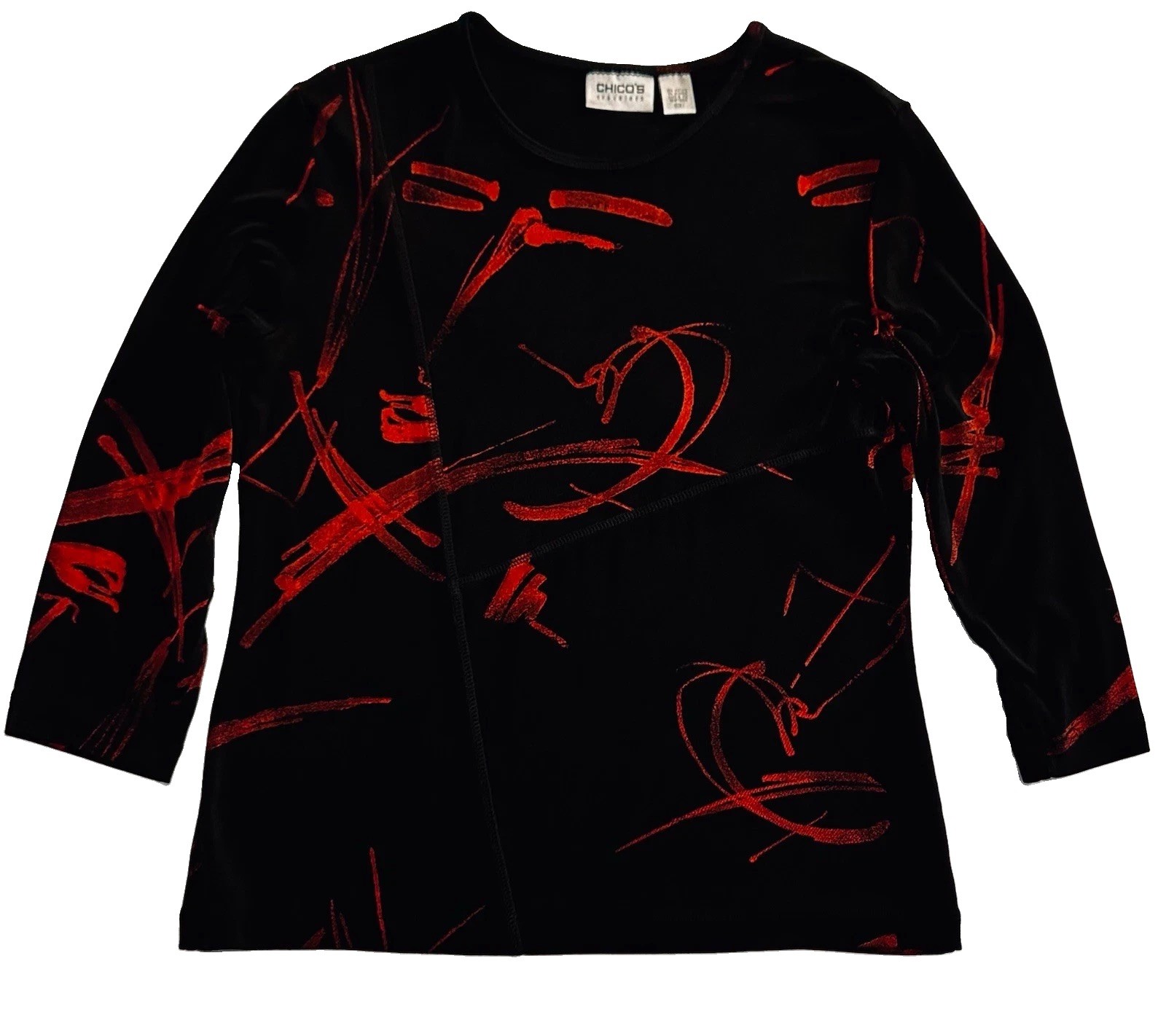 Chicos Travelers Floral Tunic Top Size 1 US 8/10 Slinky Knit Stretch Artsy