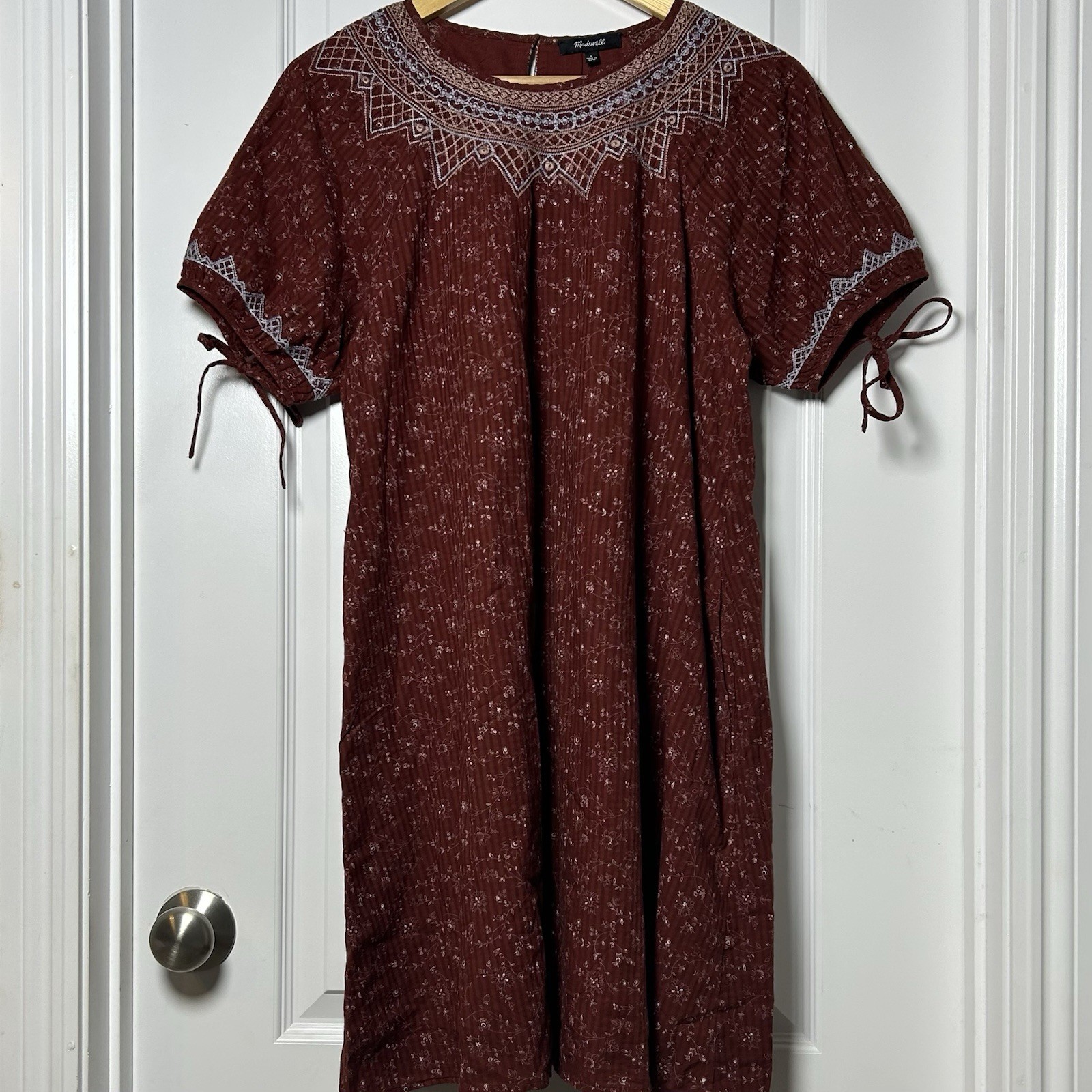 Madewell Burgundy Ditsy Floral Crinkle Embroidered Yoke Mini Dress Boho Style