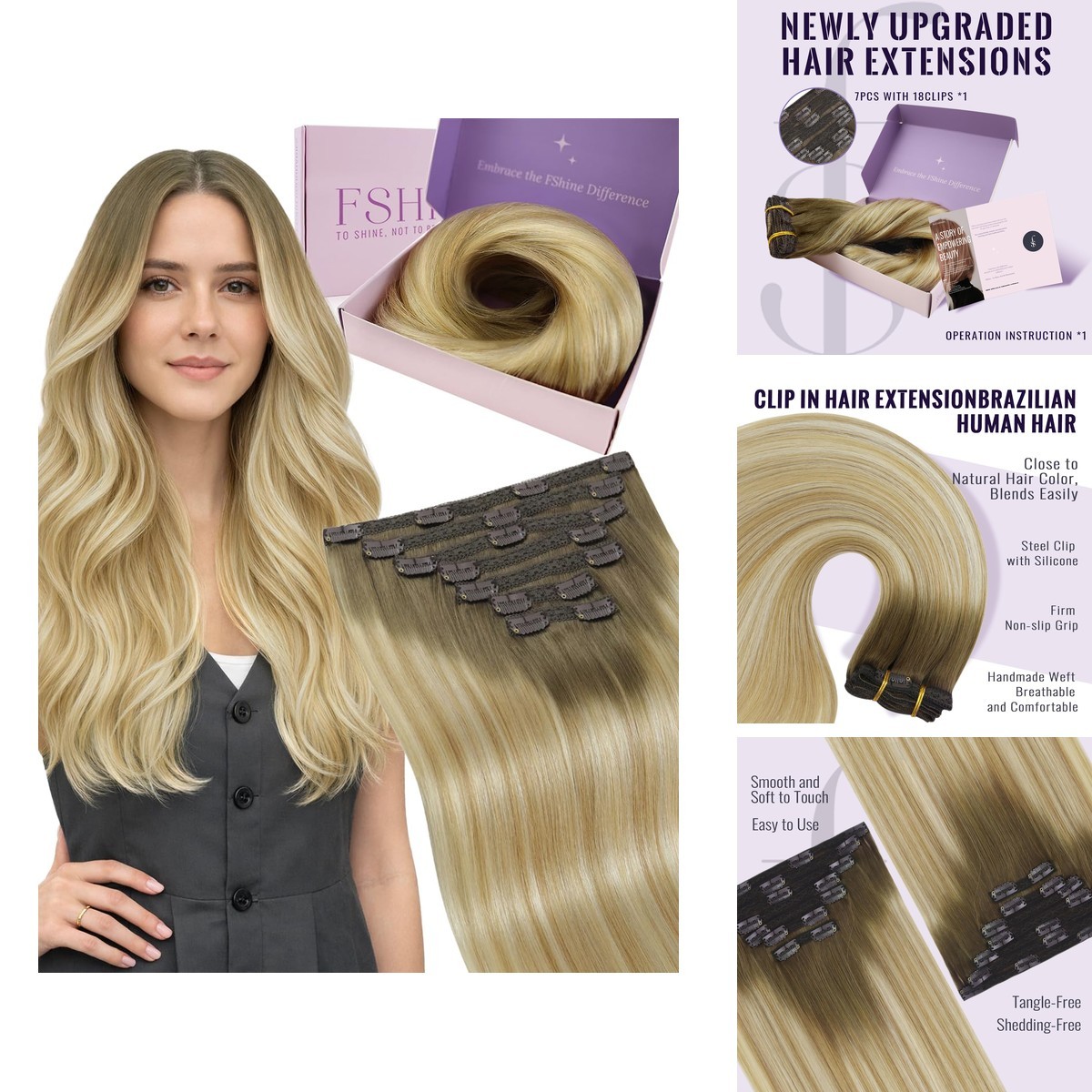 Fshine Clip in Human Hair Extensions Balayage 18in 105g 7pcs