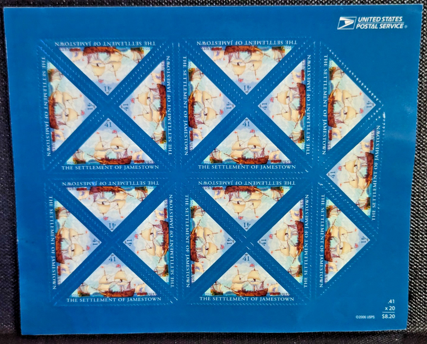 USPS Jamestown Triangular 41 Cent Postage Stamp Panel of 20 USPS Jamestown Triangular 41 Cent Postage Stamp Panel of 20