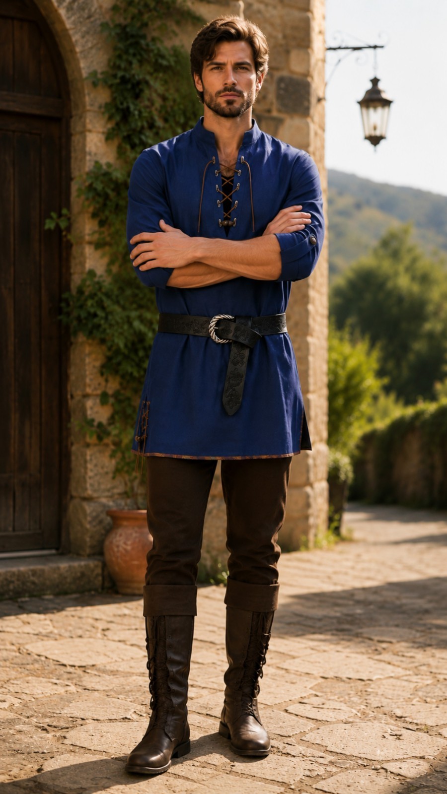 Men's Medieval Tunic Shirt Lace Up Long Sleeve Renaissance Costume Top Belt