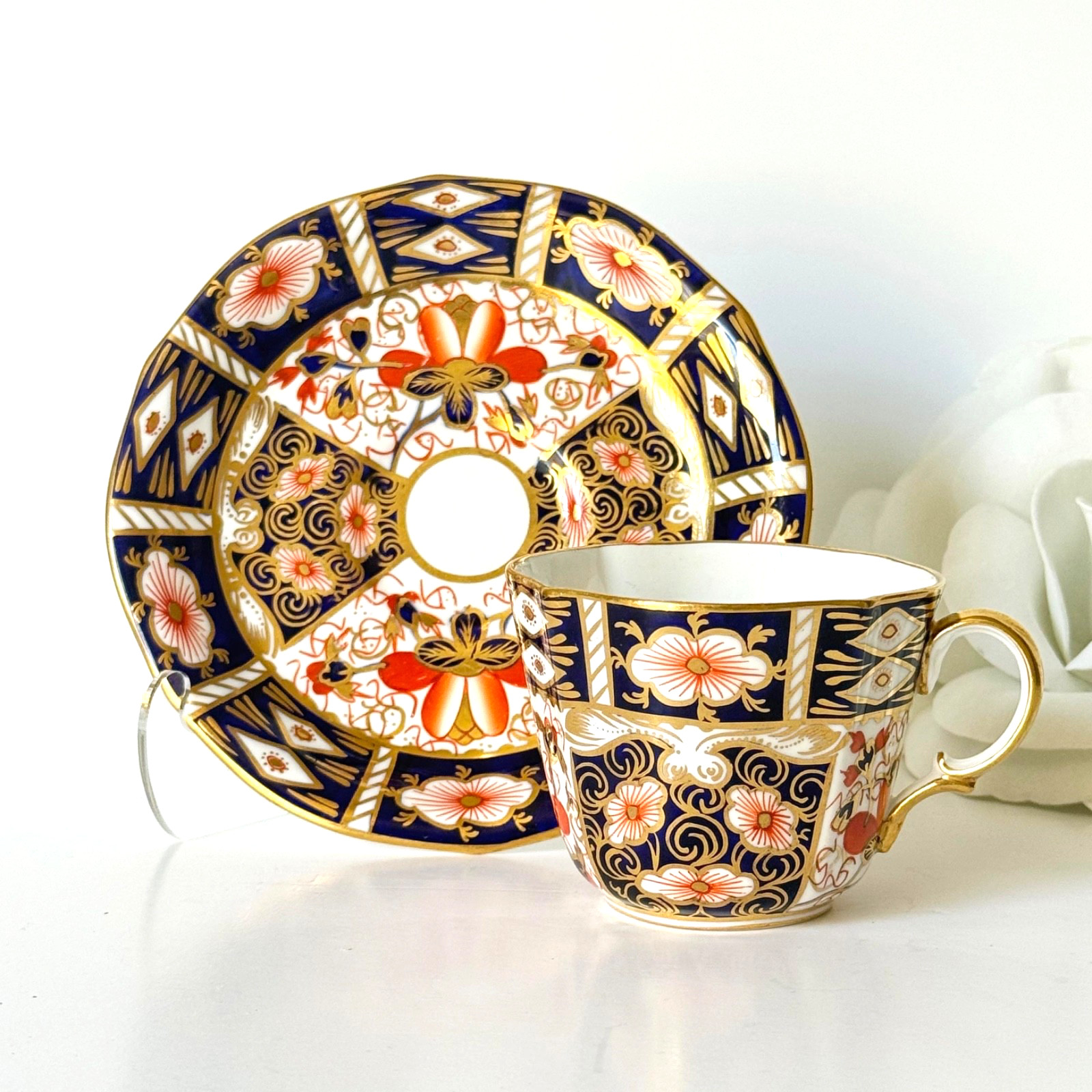 Vintage Royal Crown Derby Tea Cup Saucer Imari 2451 Gilded Floral Navy Coral Vintage Royal Crown Derby Tea Cup Saucer Imari 2451 Gilded Floral Navy Coral