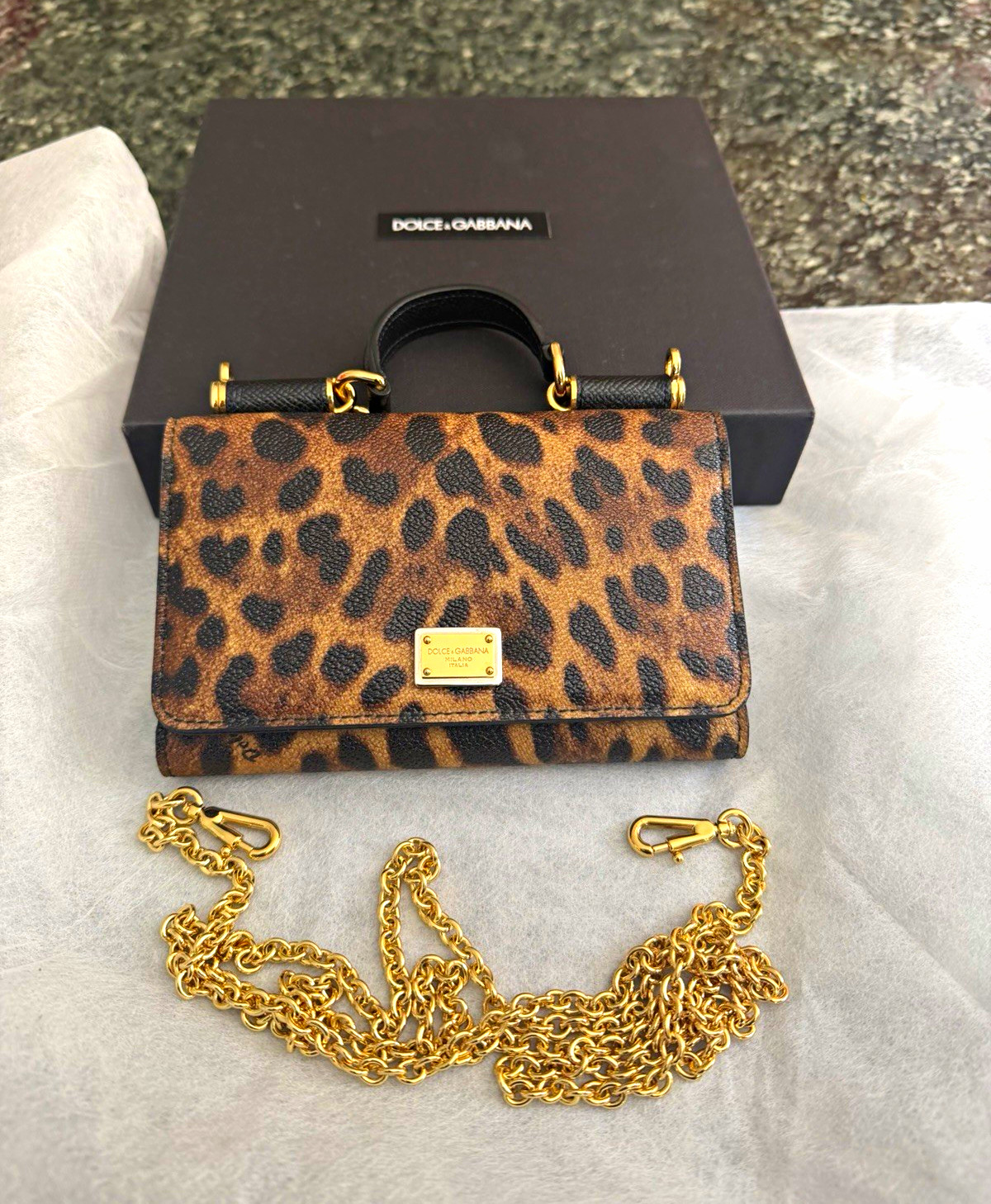 Dolce & Gabbana Leopard Print Chain Wallet for Women, Folding Credit Card