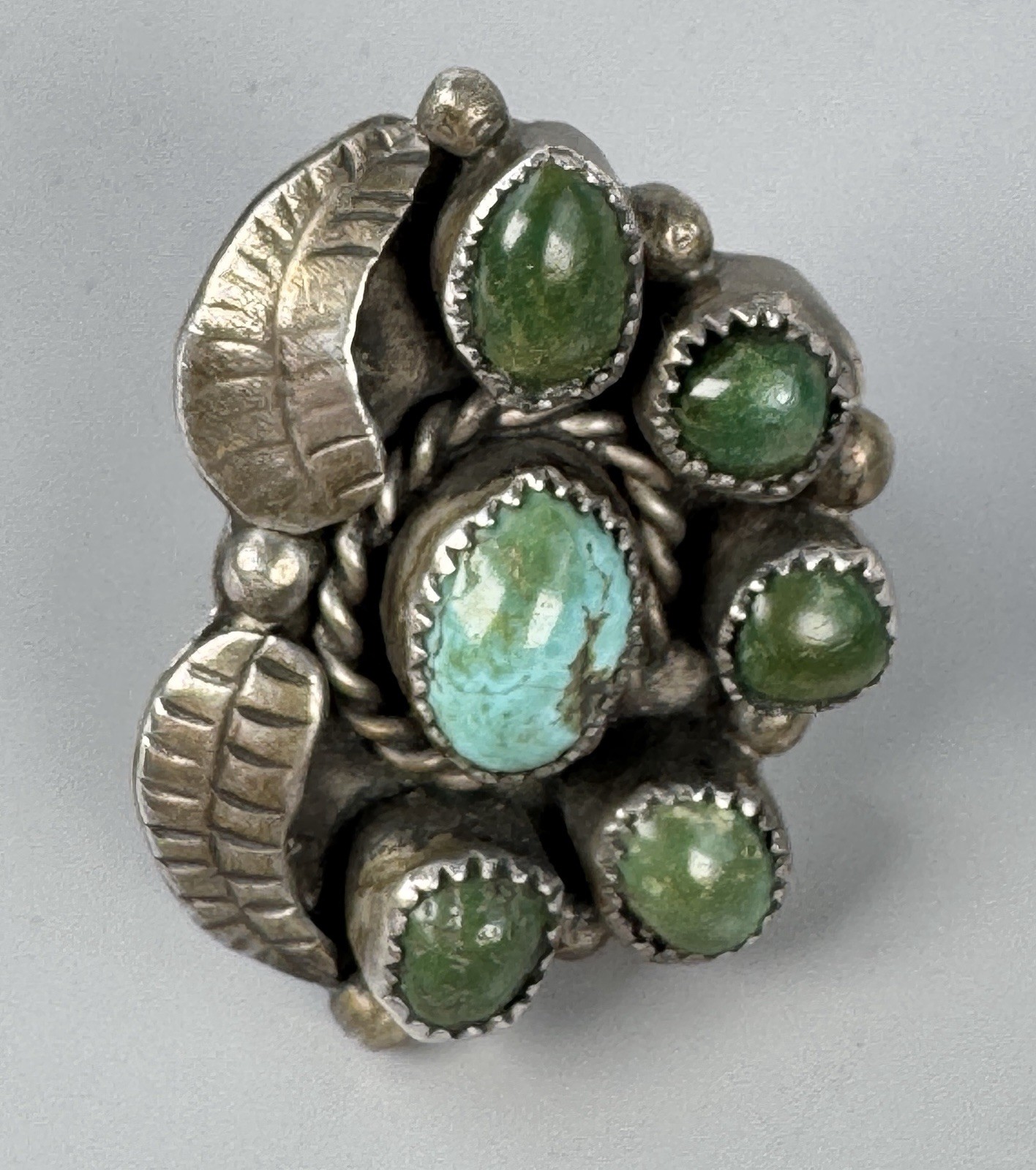 Navajo Sterling Silver Green Turquoise 6 Stone Leaf Ring Sz 9.25 18.5g Vintage