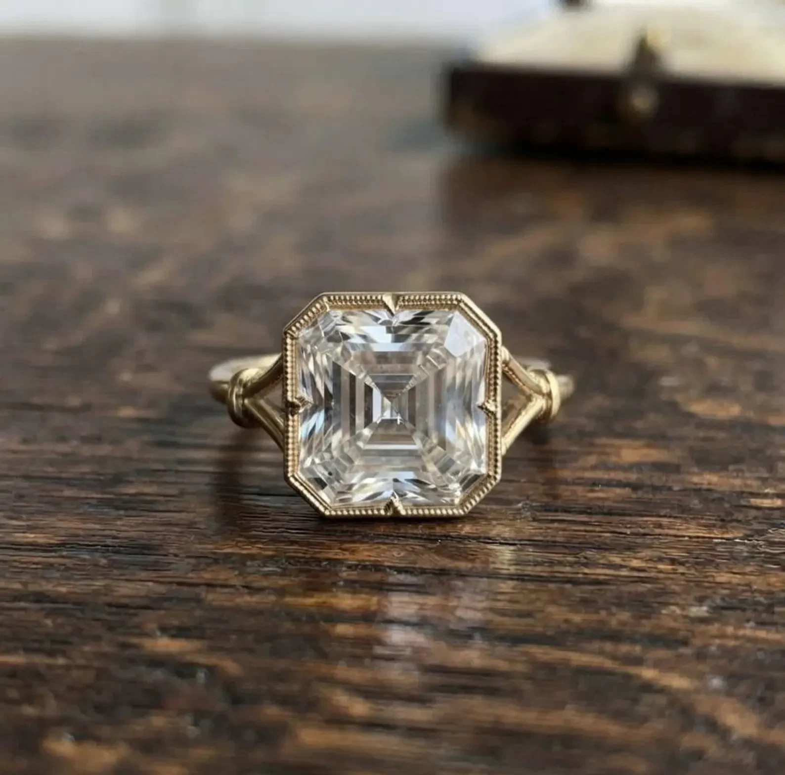 IGI 3CT Asscher Cut EF/VS Lab Grown Diamond Bezel Wedding Ring 14K Yellow Gold