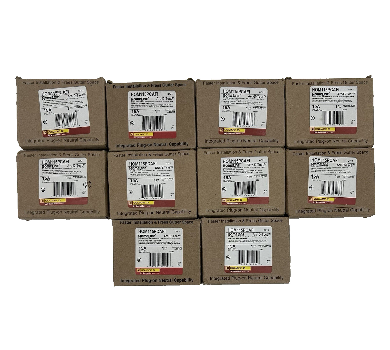 NEW Square D HOM115PCAFI Plug-On Neutral 15 Amp 1 Pole Circuit Breaker Lot Of 10 NEW Square D HOM115PCAFI Plug-On Neutral 15 Amp 1 Pole Circuit Breaker Lot Of 10