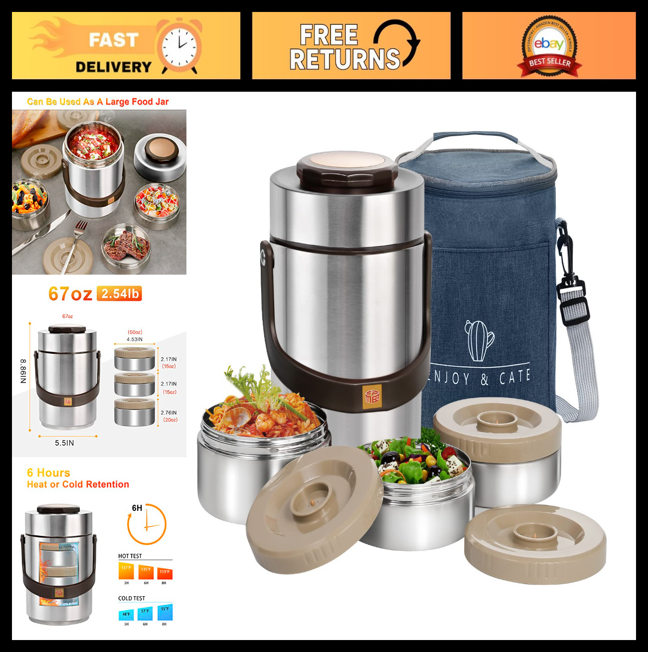 67 oz Stainless Steel Vacuum Insulated Soup Thermos & 3-Tier Bento Lunch Box Set 67 oz Stainless Steel Vacuum Insulated Soup Thermos & 3-Tier Bento Lunch Box Set