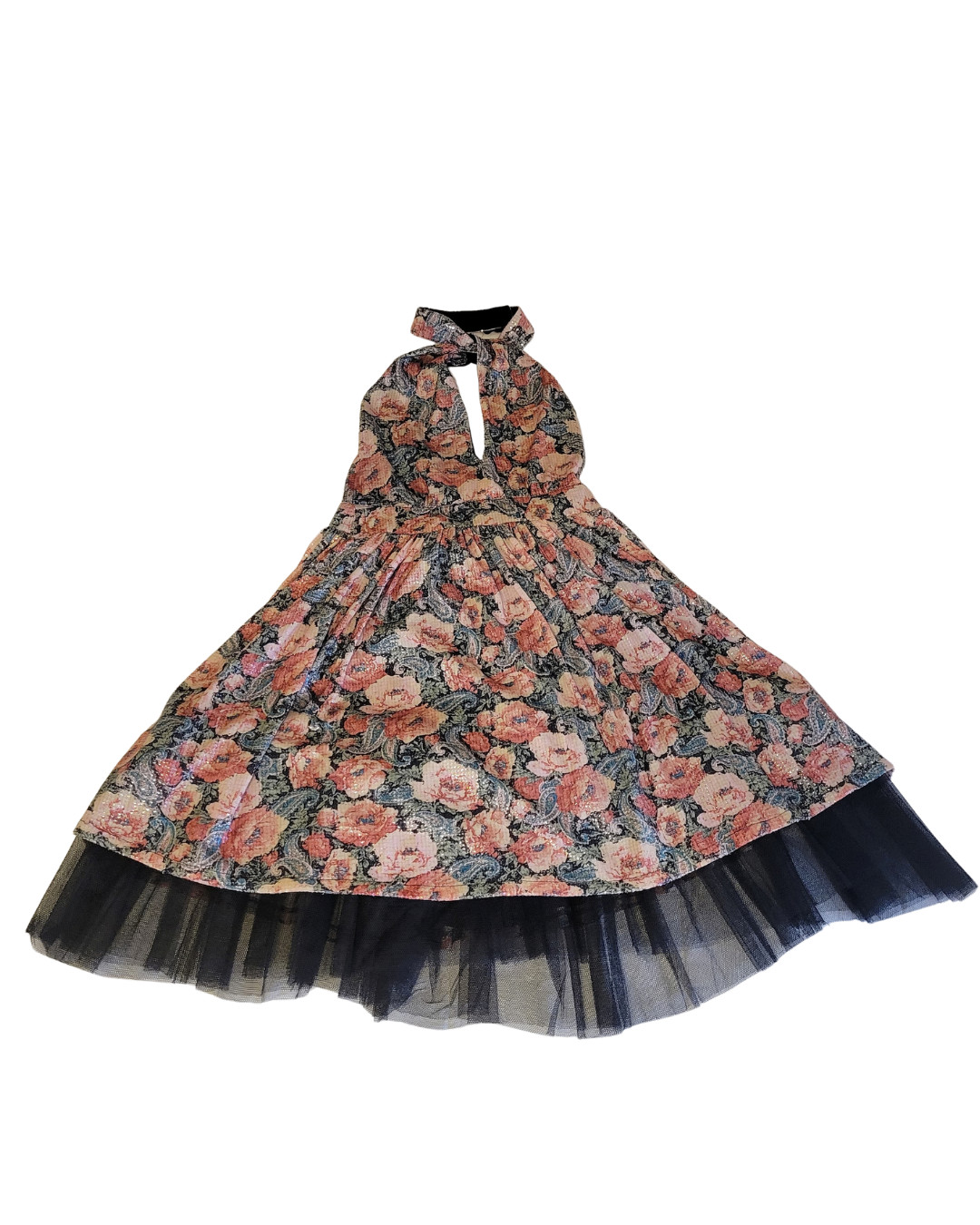 Vintage 1970s Brocade Halter Circle Dress with Tulle Hem | Small Vintage 1970s Brocade Halter Circle Dress with Tulle Hem | Small