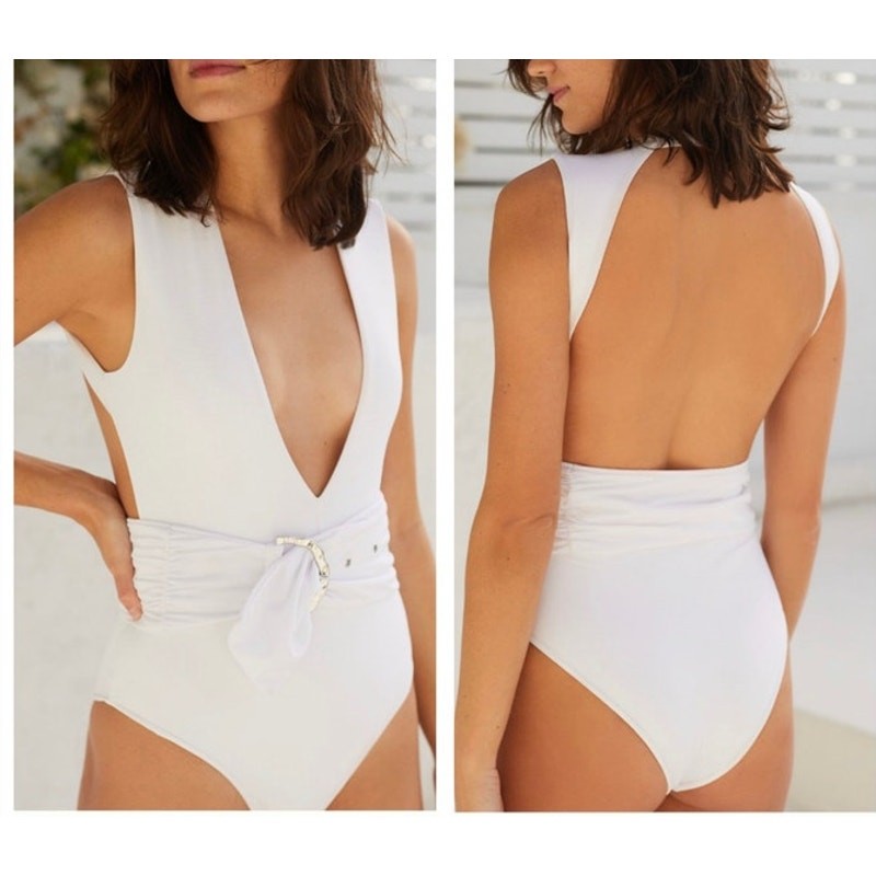 REVEL REY DEAN BELTED ONE-PIECE SWIMSUIT NWT SIZE LARGE IRIDESCENT WHITE LUREX