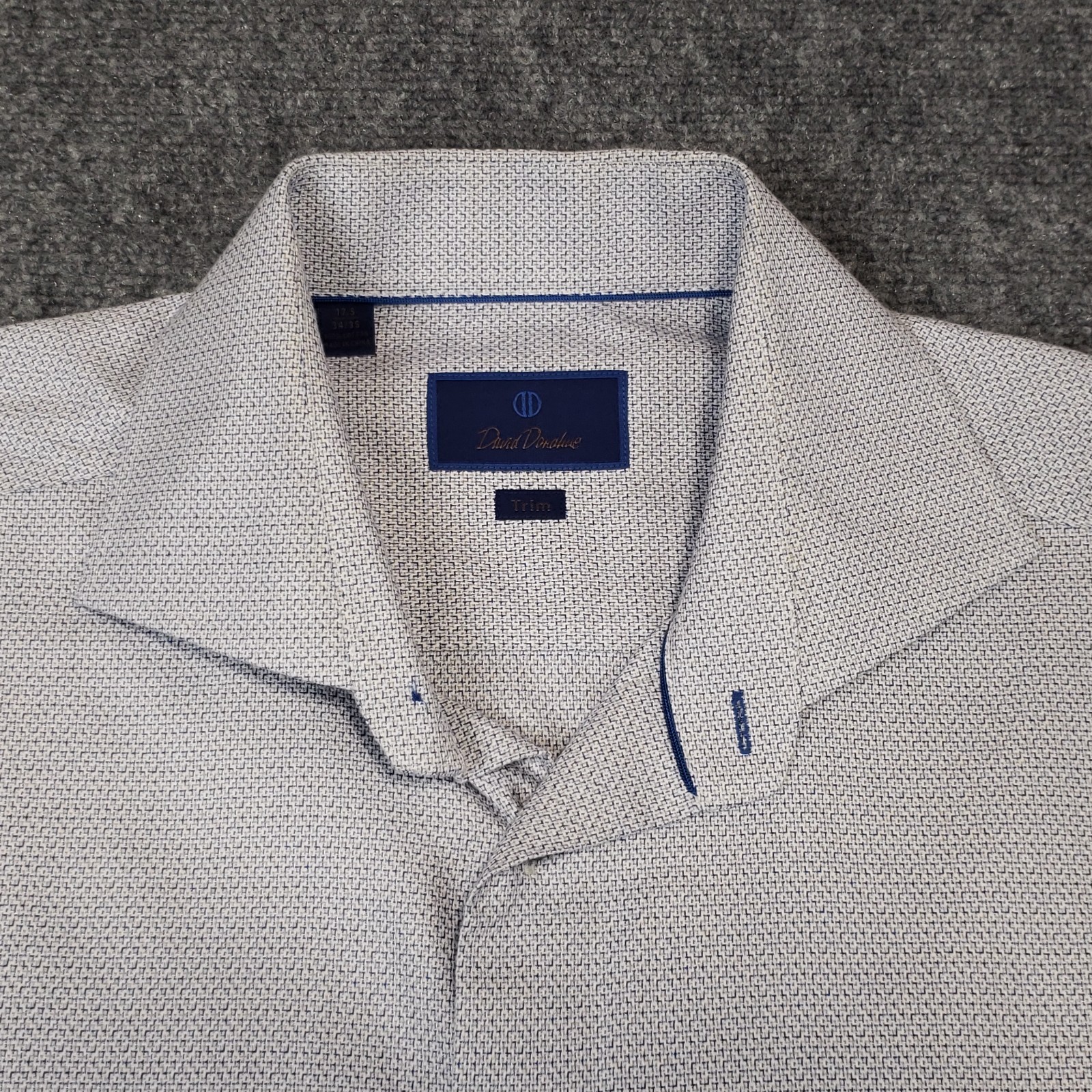 David Donahue Dress Shirt Men 17.5 34/35 Trim Blue Gray Geometric Spread Collar