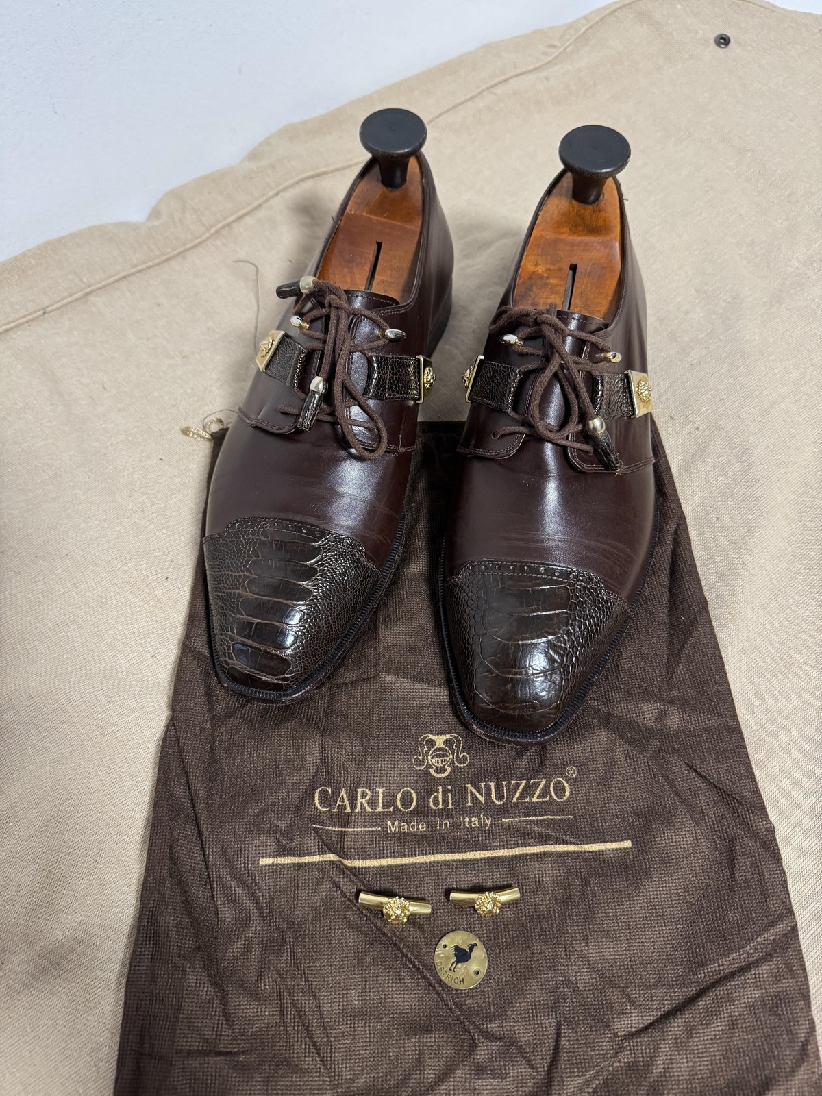 Carlo di Nuzzo Shoes Mens Size 9 Brown Ostrich Cap Toe Dress Oxford Made Italy