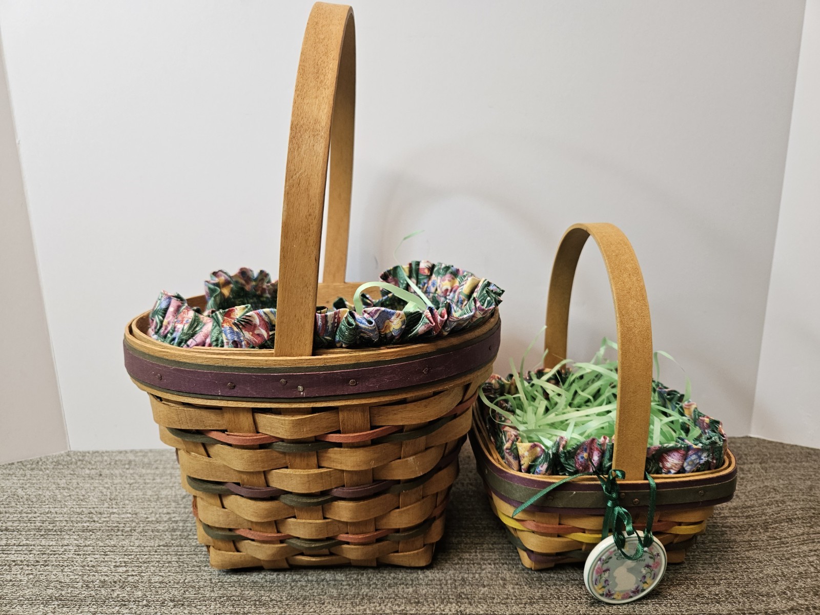 2 Longaberger 1995/1998 Basket W/ Cloth Easter Egg & Plastic Liner 