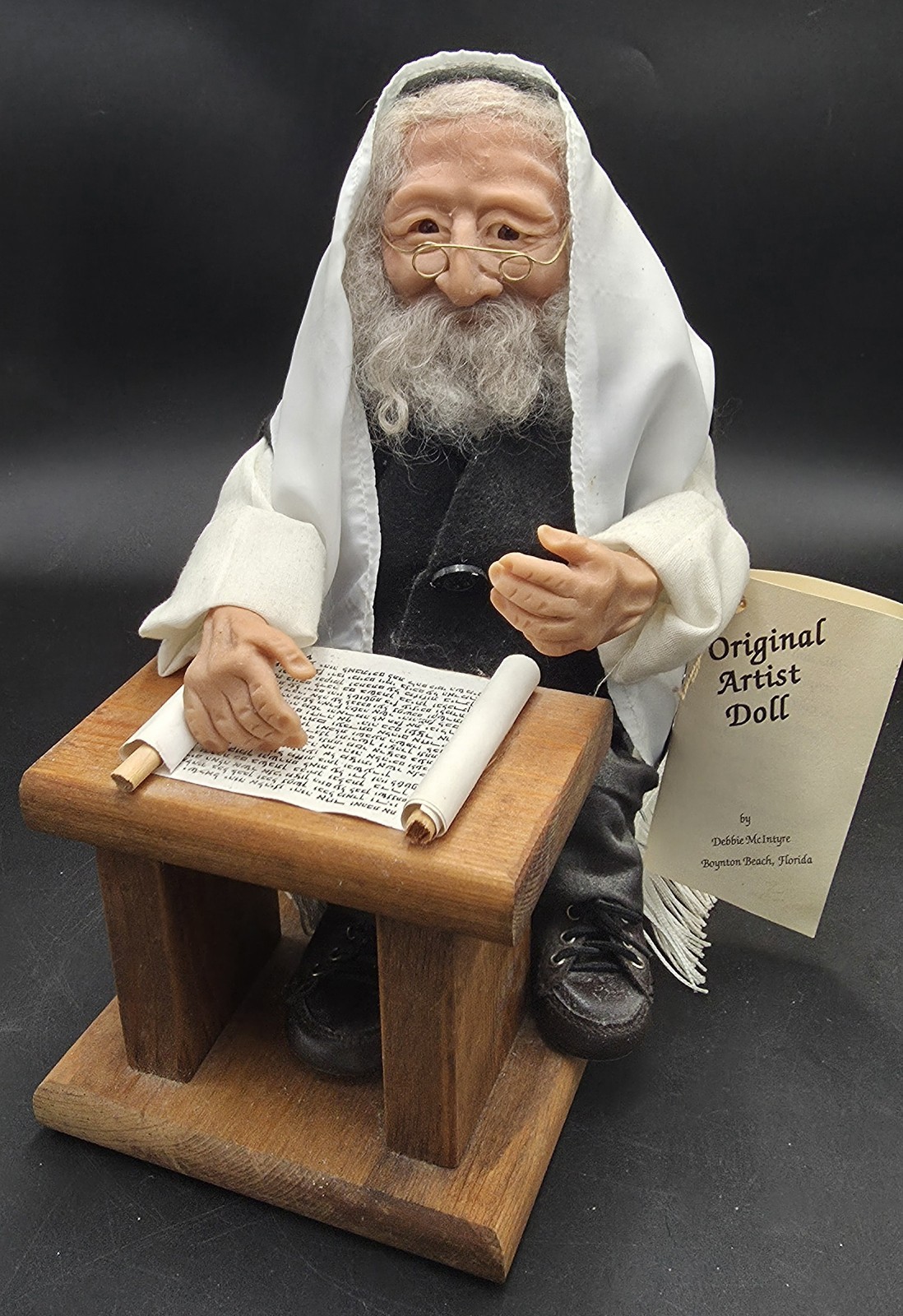 DEBBIE McINTYRE Artist Doll Handmade Jewish Rabbi With Tallit & Scroll 11”h 