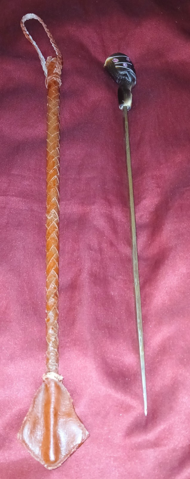 VTG African Egyptian Folk Art Leather Riding Crop Hand Carved Tribal Head Handle