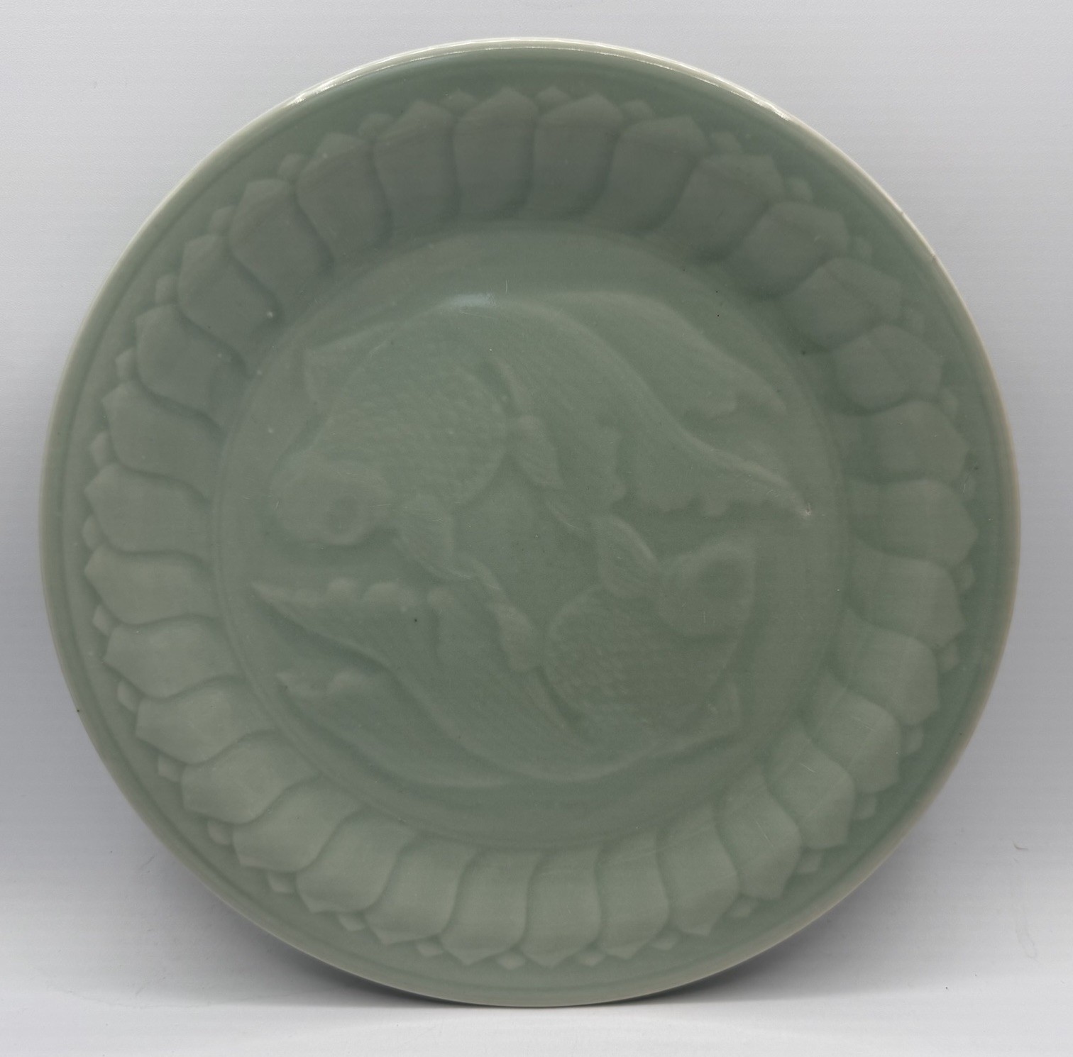Vintage Chinese Celadon Koi Fish Dinner Plate 10\