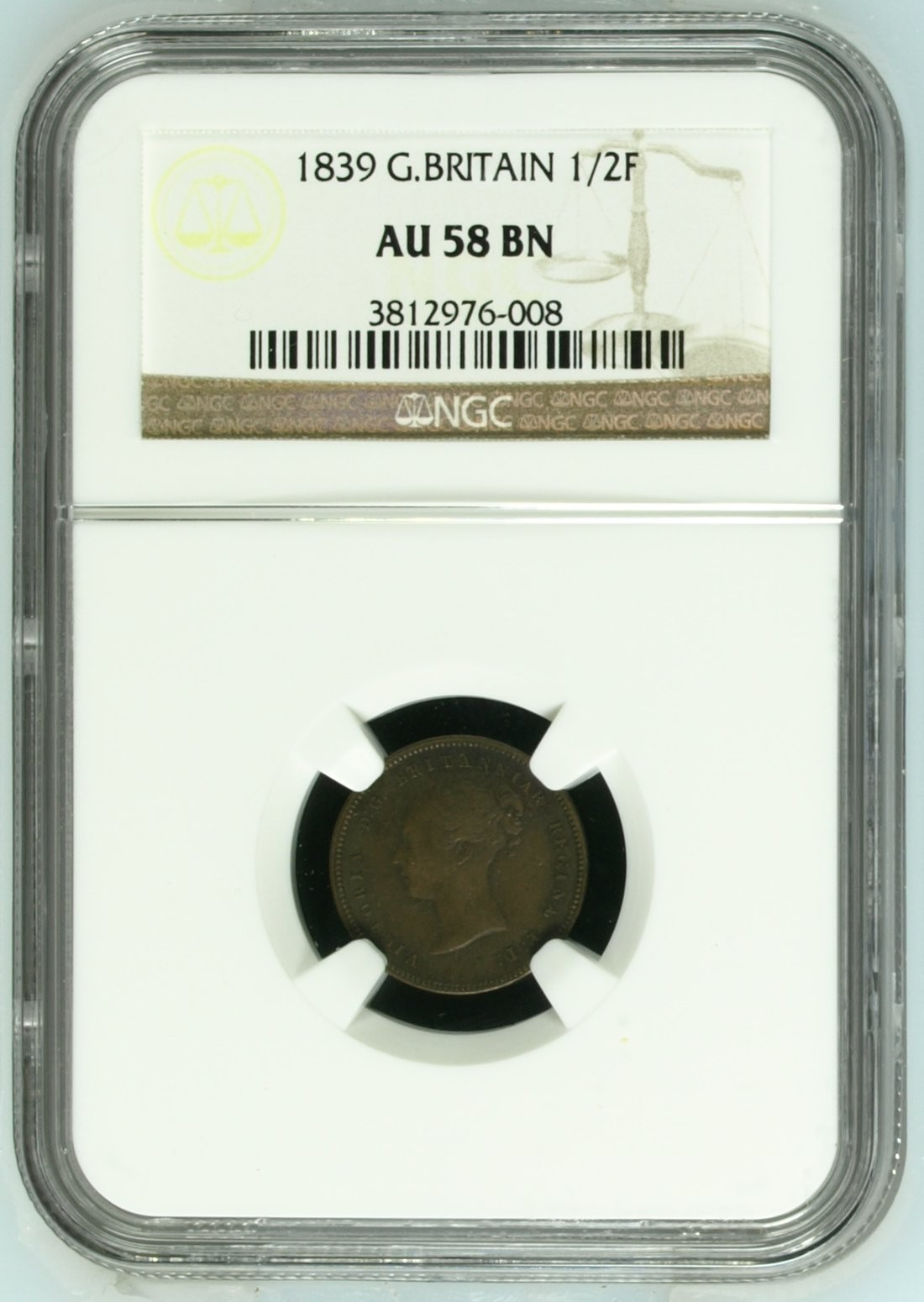1839 Great Britain Victoria 1/2 Farthing NGC AU 58 BN