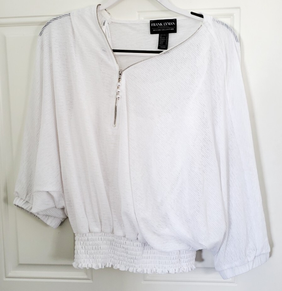 Frank Lyman Women’s Blouse White Size 10 Lining Sheer Top 1/2 Zip 226205