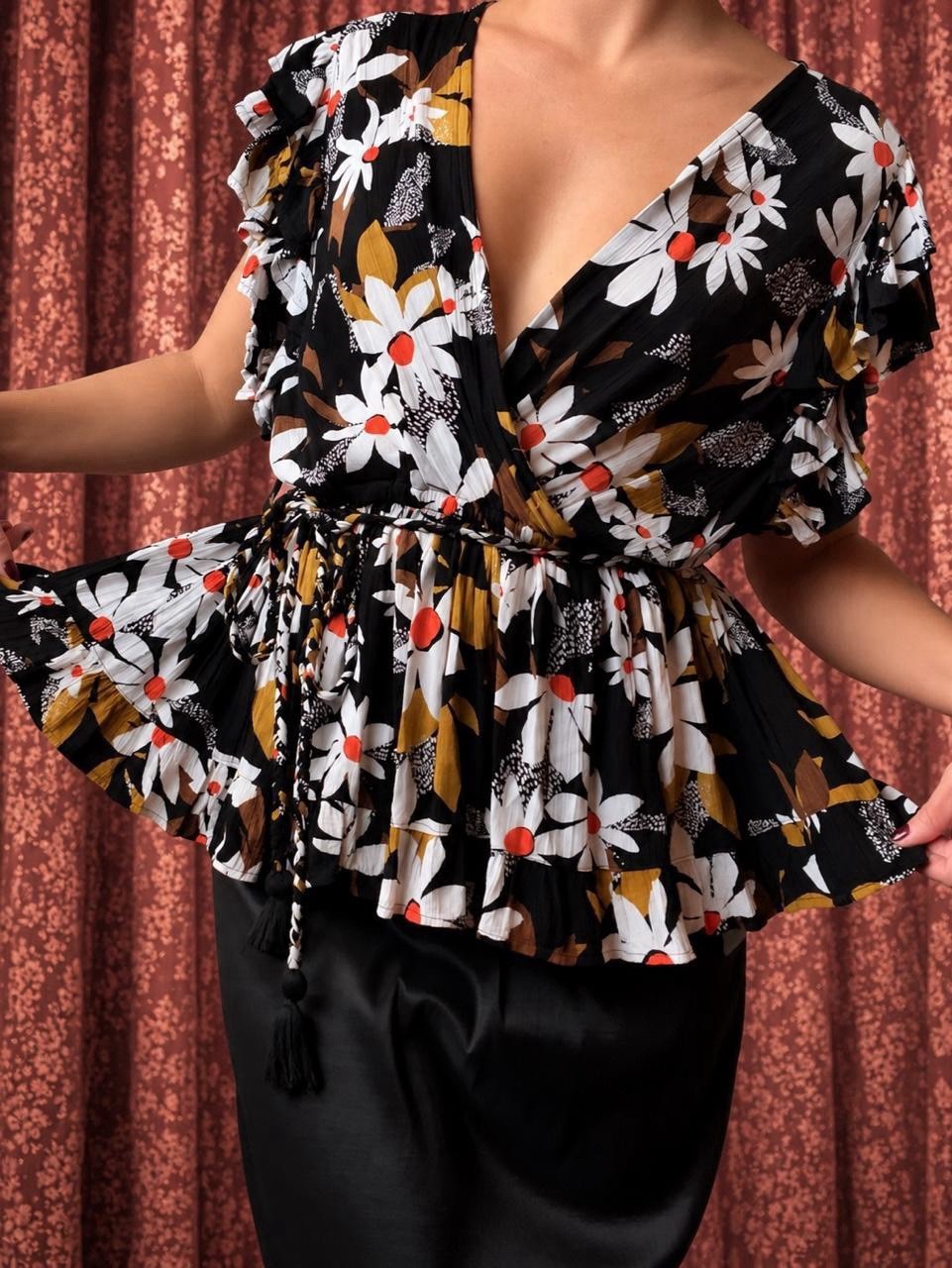 Vintage black pop art daisy rayon gauze blouse Vintage black pop art daisy rayon gauze blouse