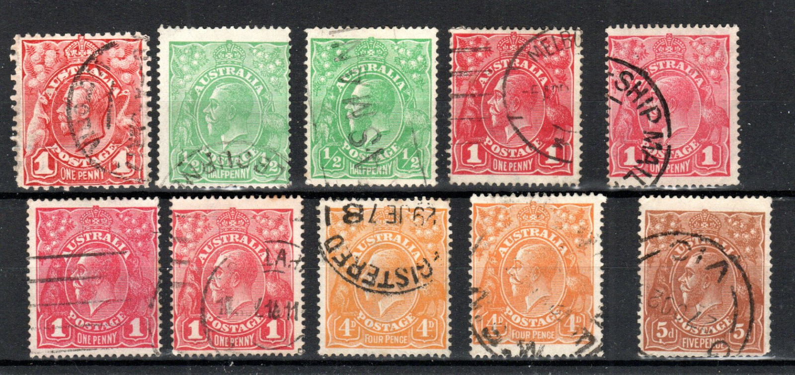 Australia 1913-20 Sidehead values to 5d + shades. Mainly FU CDS